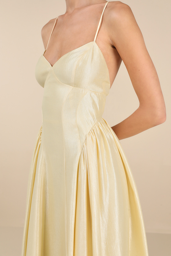 Shiny Yellow Dress - Lace-Up Midi Dress - Gathered Midi Dress - Image 5