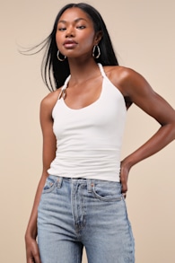 Ash White Jersey Knit Ruched Twisted Halter Top