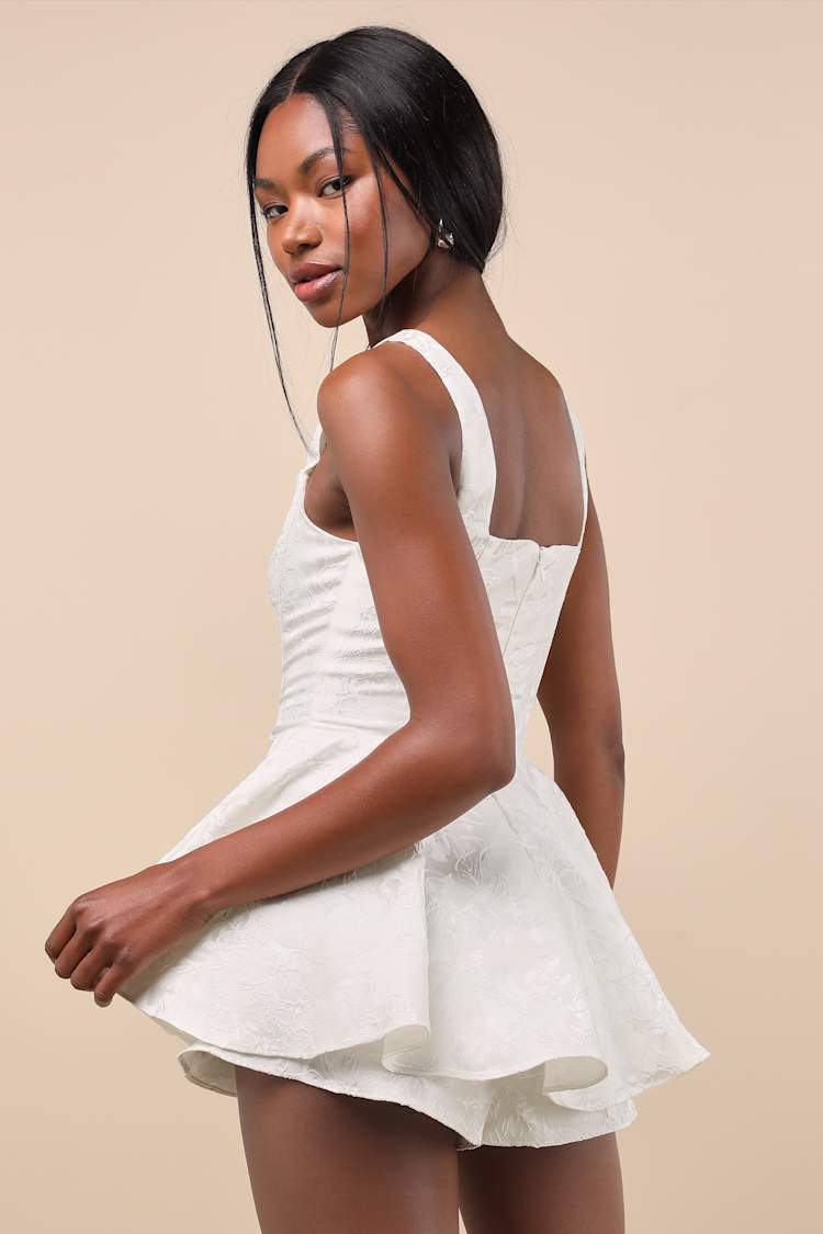 Radiant Flair Ivory Floral Jacquard Bustier Skort Romper