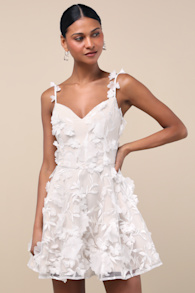 Flaviana White and Beige 3D Floral Embroidered Mini Dress 1
