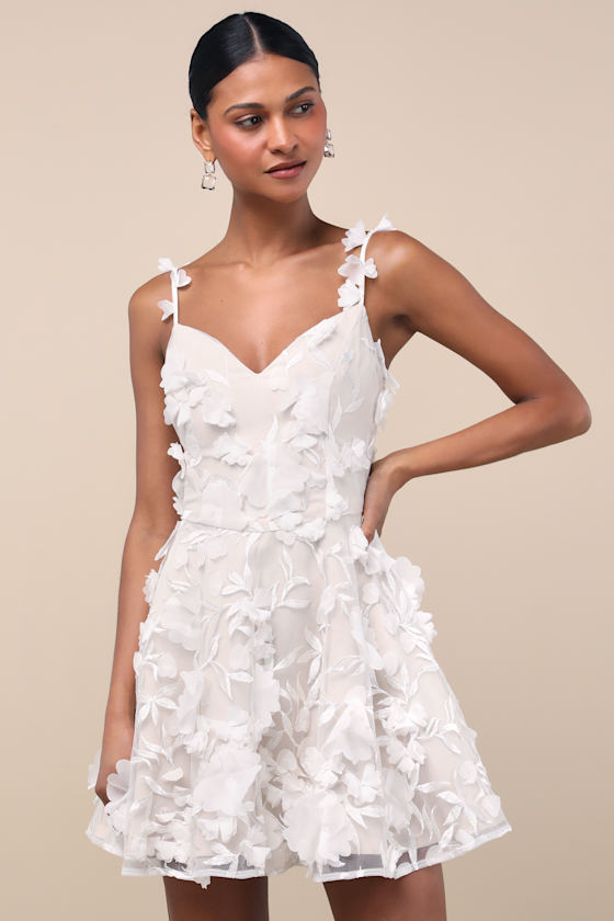 Flaviana White and Beige 3D Floral Embroidered Mini Dress 1