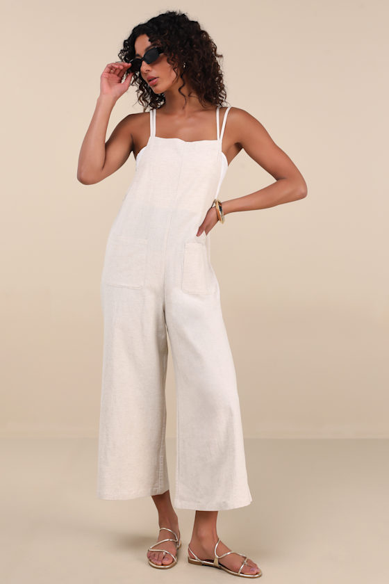 Lulus Claudie Light Beige Linen Sleeveless Cropped Jumpsuit