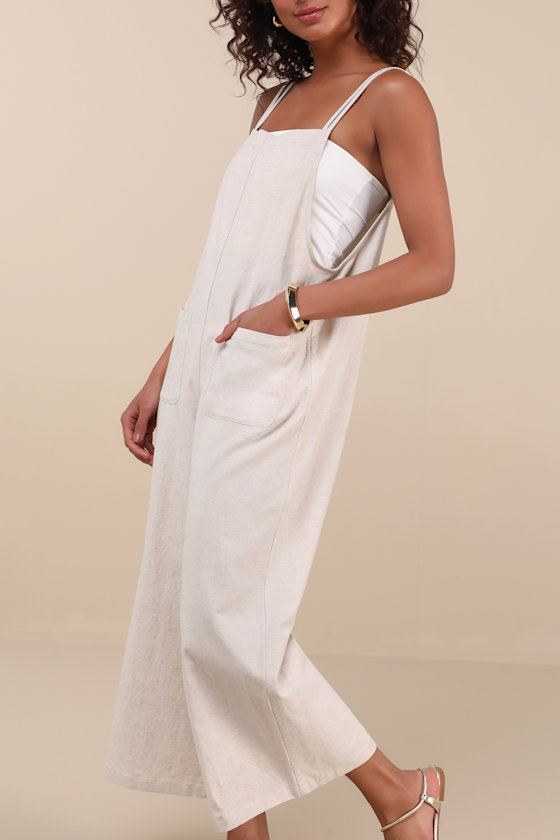 Lulus Claudie Light Beige Linen Sleeveless Cropped Jumpsuit