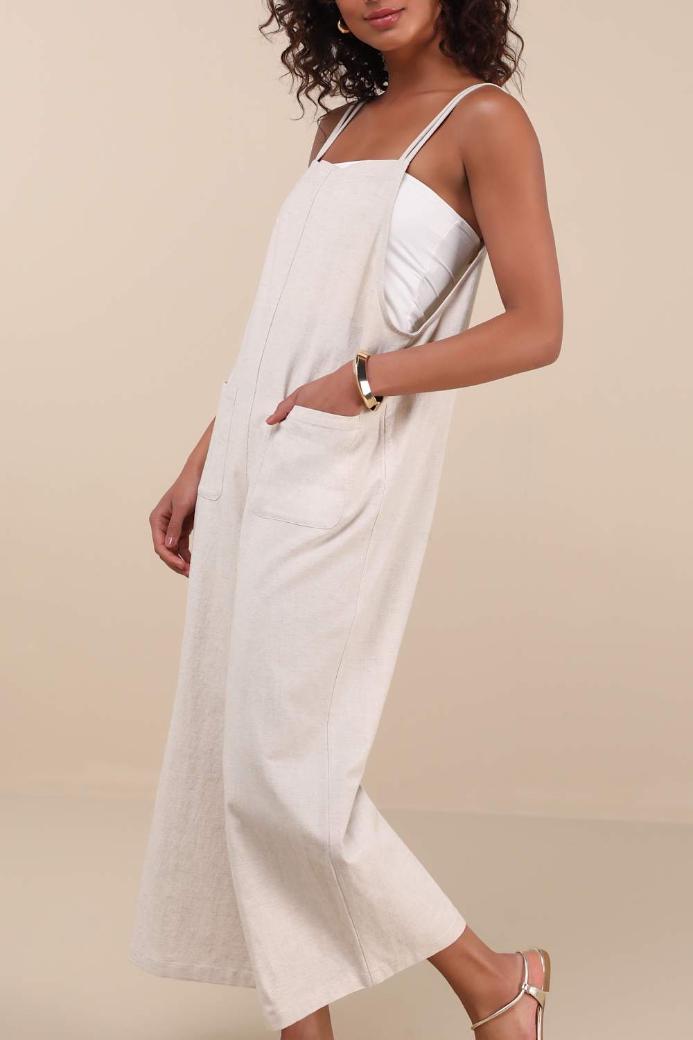 Claudie Light Beige Linen Sleeveless Cropped Jumpsuit