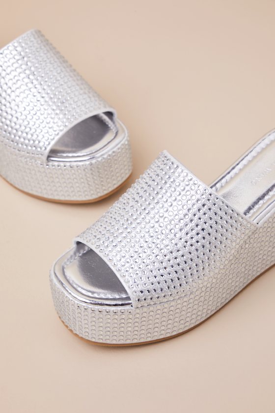 Azalea Wang Arachna Silver Rhinestone Platform Slide Sandals
