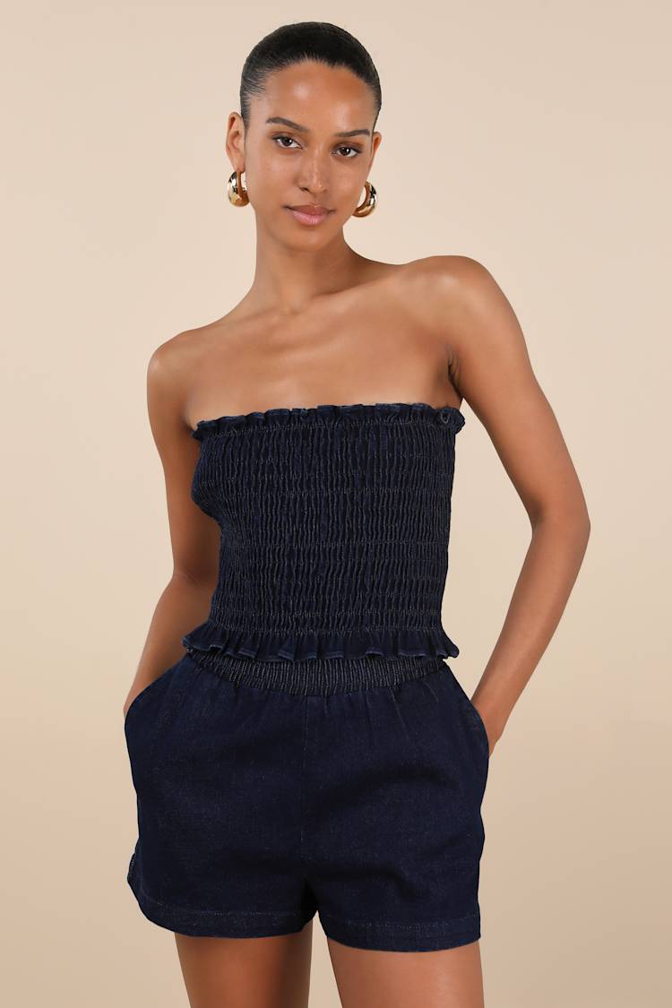 Diantha Dark Blue Chambray High-Rise Shorts