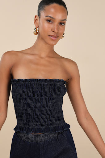 Diantha Dark Blue Smocked Strapless Crop Top 1