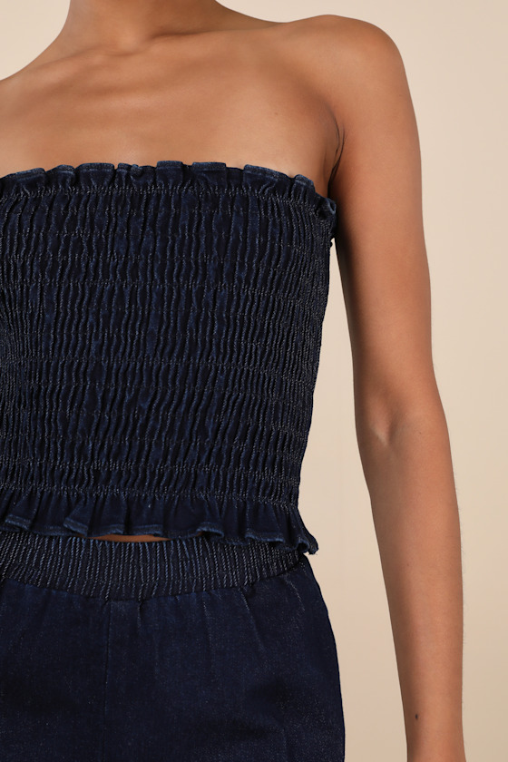 Lulus Diantha Dark Blue Smocked Strapless Crop Top In Blue