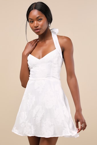 Bonni White Floral Jacquard Halter Mini Dress 2