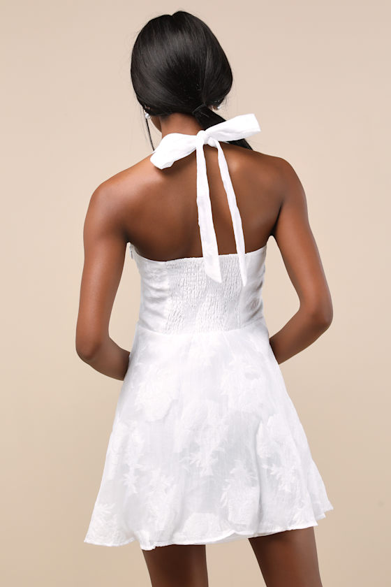 Lulus Bonni White Floral Jacquard Halter Mini Dress