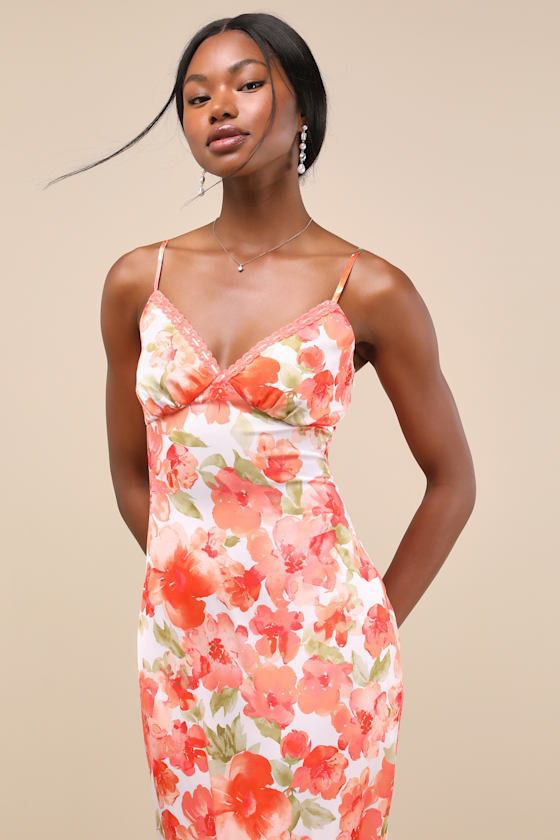 Lulus Mattie Orange Floral Satin Lace Midi Slip Dress In Animal Print