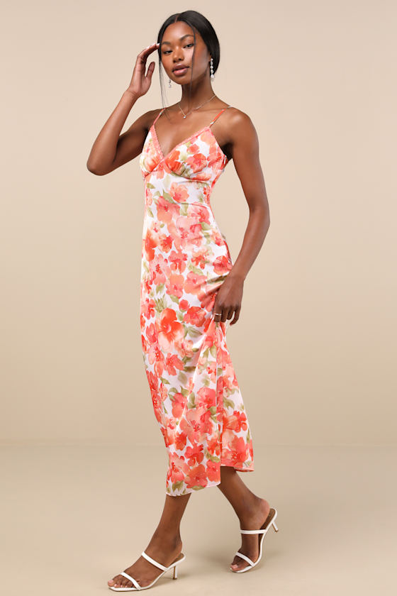 Lulus Mattie Orange Floral Satin Lace Midi Slip Dress In Animal Print