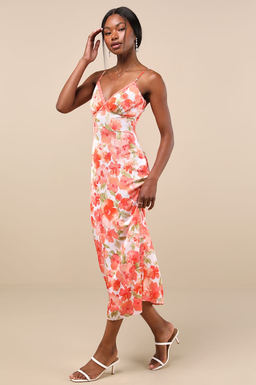 Orange Floral Dress - Satin Sleeveless Dress - Midi Slip Dress - Lulus