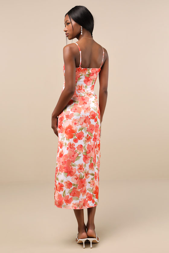 Lulus Mattie Orange Floral Satin Lace Midi Slip Dress In Animal Print