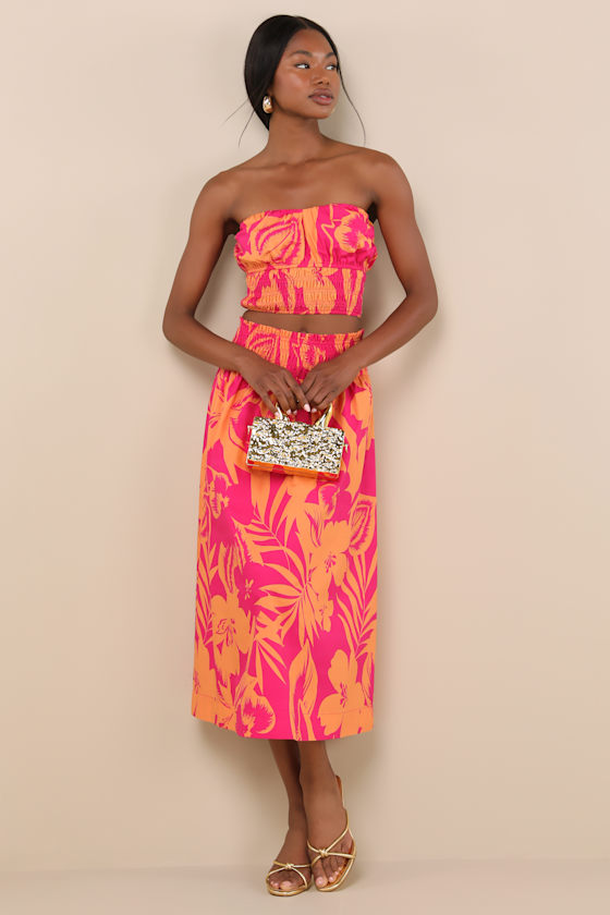 Luana Pink and Orange Floral High-Rise Midi Skirt 1