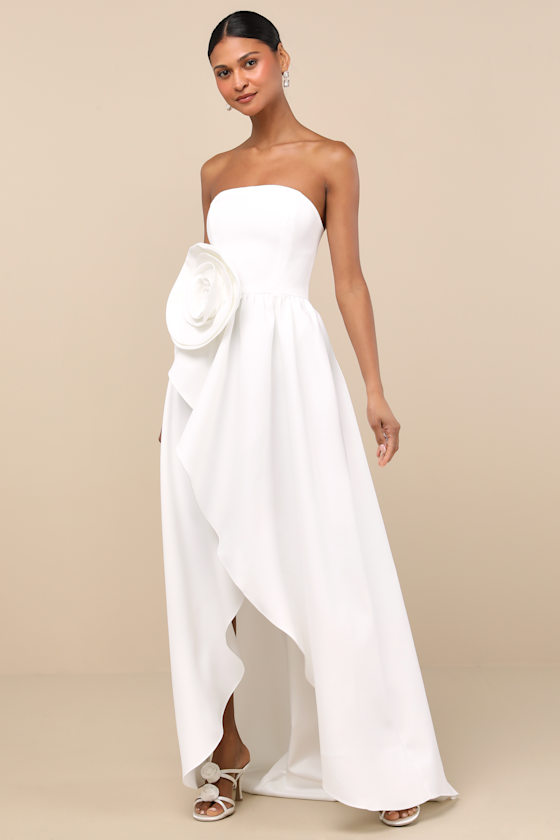 Elliatt Emiliana White 3d Rosette Strapless High-low Maxi Dress