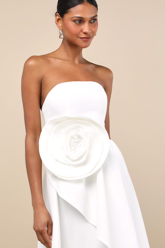 Emiliana White 3D Rosette Strapless High-Low Maxi Dress 2