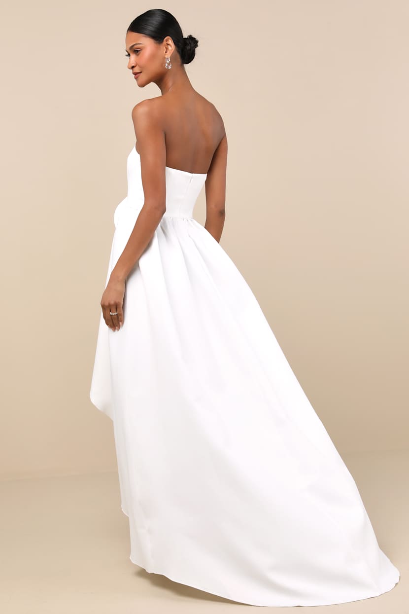Emiliana White 3D Rosette Strapless High-Low Maxi Dress