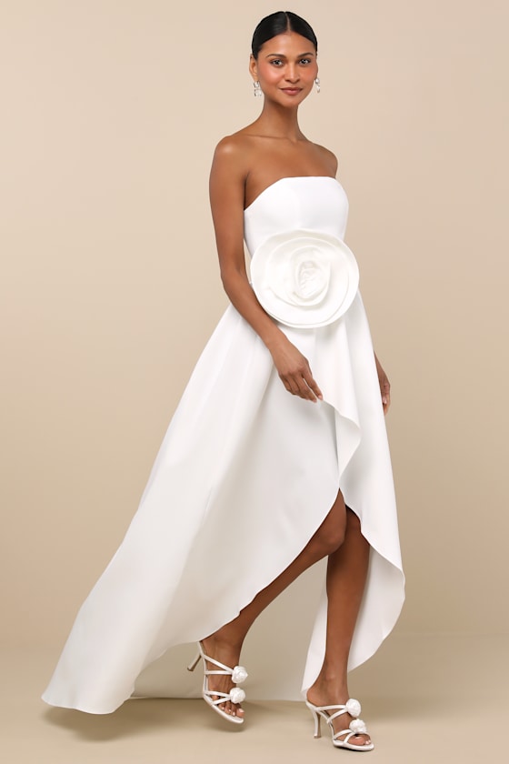 Emiliana White 3D Rosette Strapless High-Low Maxi Dress 4