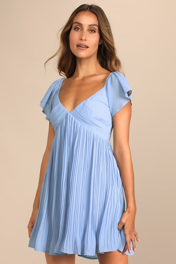Amalfi Coast Light Blue Pleated Flutter Sleeve Mini Dress 6