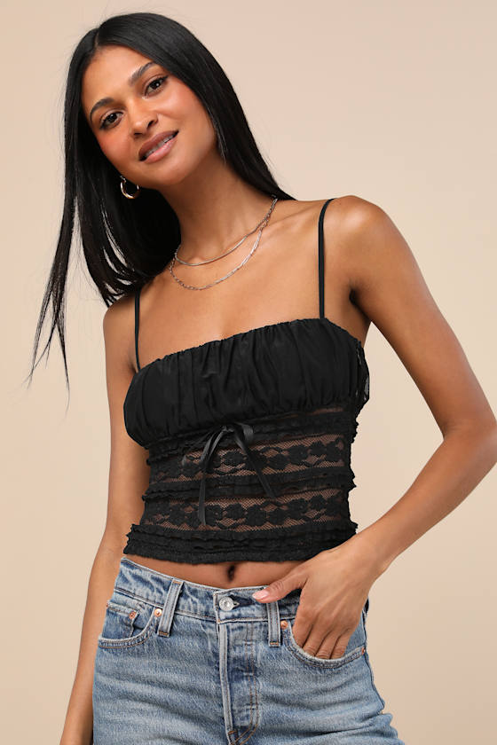 Lulus Malvina Black Mesh Sheer Lace Cami Top