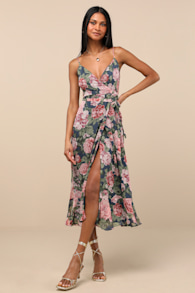 Delightfully Divine Navy Blue Floral Chiffon Wrap Midi Dress