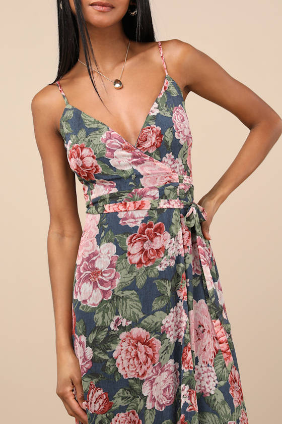 Delightfully Divine Navy Blue Floral Chiffon Wrap Midi Dress 5