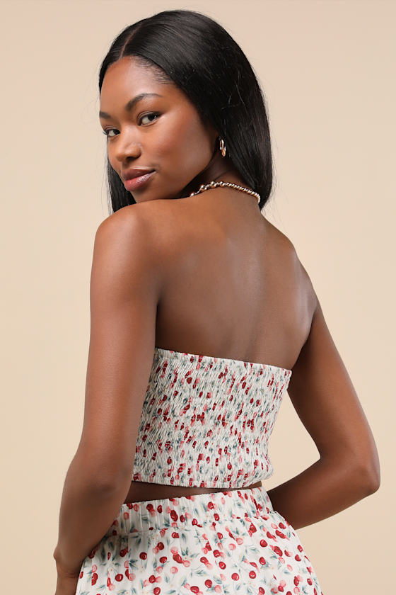 Lulus Chelan White Cherry Print Smocked Strapless Crop Top