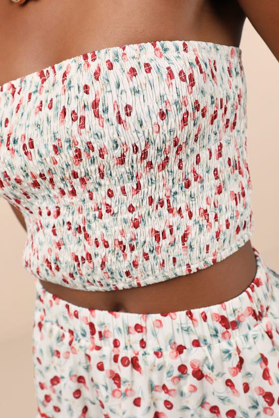 Lulus Chelan White Cherry Print Smocked Strapless Crop Top