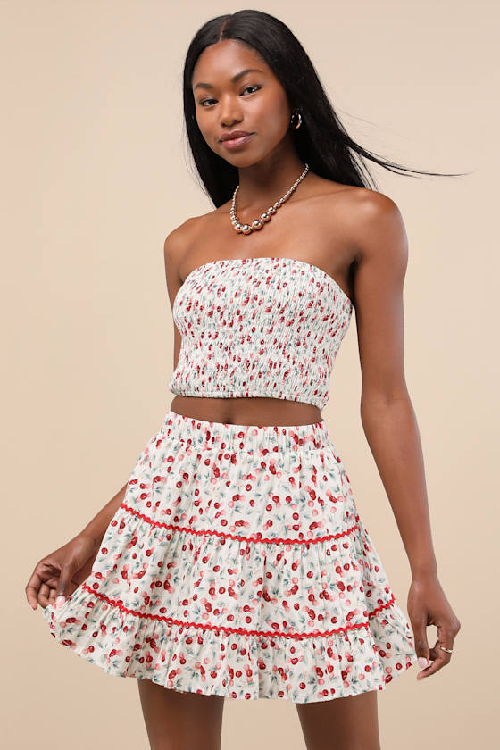 Chelan White Cherry Print Tiered Mini Skirt 2