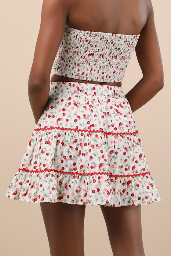 Lulus Chelan White Cherry Print Tiered Mini Skirt