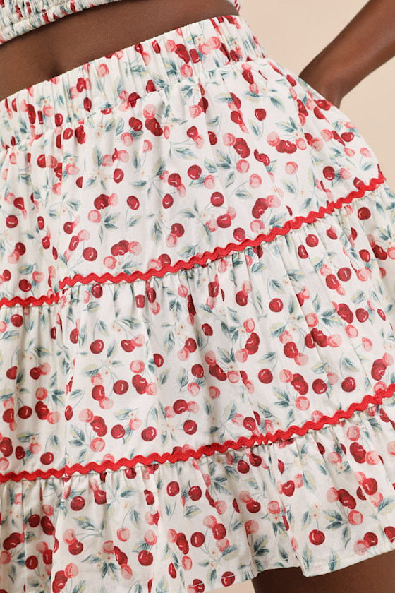 Lulus Chelan White Cherry Print Tiered Mini Skirt