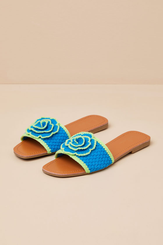 Simmy Blue and Green Flower Slide Sandals