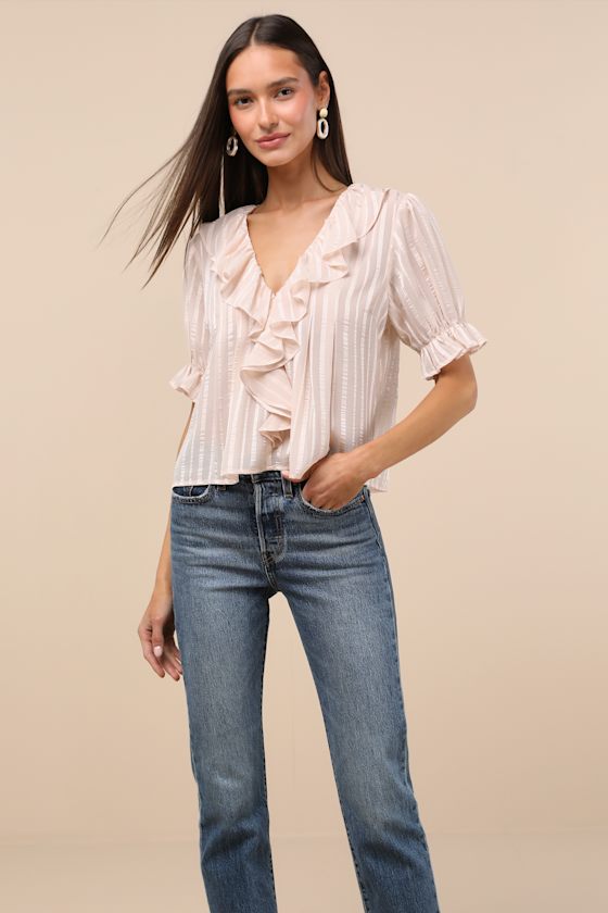 Lulus Dania Cream Striped Ruffled Short Sleeve Top