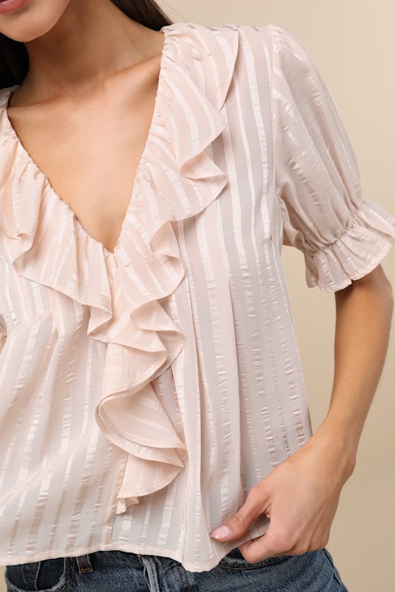 Lulus Dania Cream Striped Ruffled Short Sleeve Top