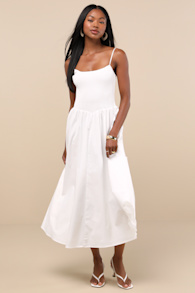 Tandria White Smocked Sleeveless Midi Dress 1