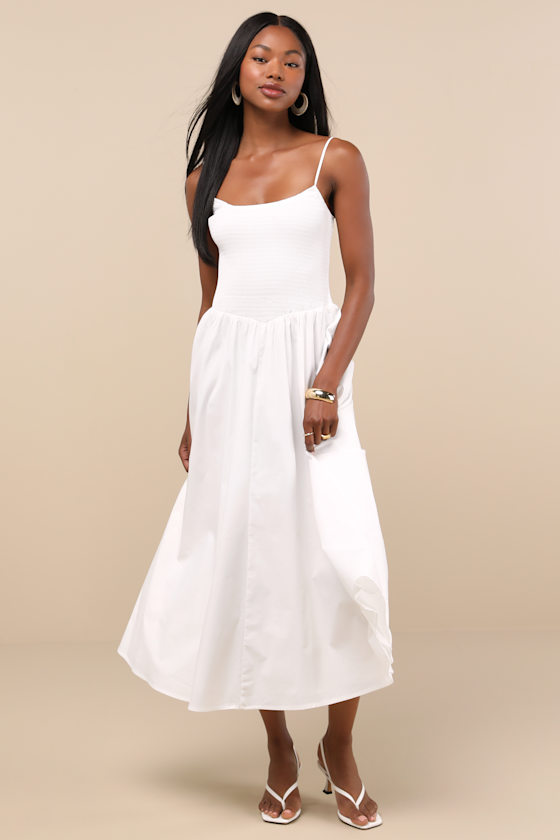 Tandria White Smocked Sleeveless Midi Dress 1