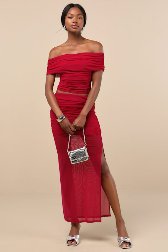 Lulus Cadie Red Sheer Mesh Ruched Maxi Skirt