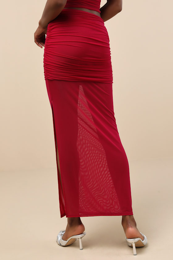 Lulus Cadie Red Sheer Mesh Ruched Maxi Skirt