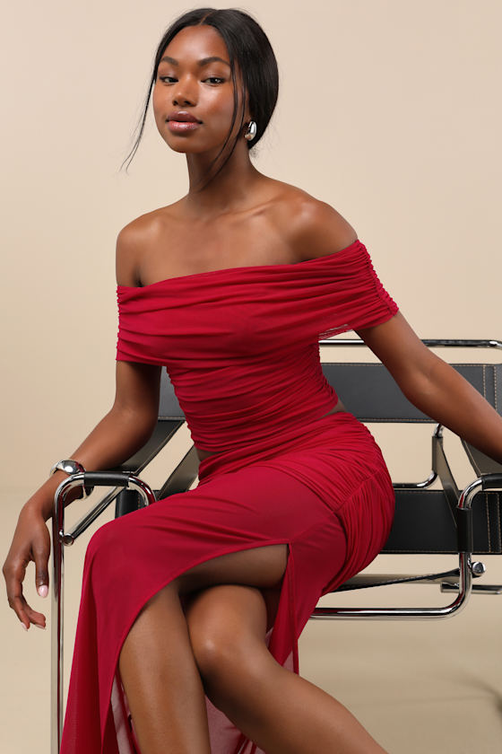Lulus Cadie Red Mesh Off-the-shoulder Top