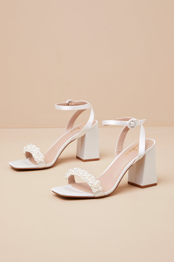 Lulus Beatta White Satin Pearl Ankle Strap High Heel Sandals
