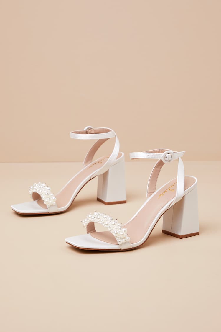 Beatta White Satin Pearl Ankle Strap High Heel Sandals