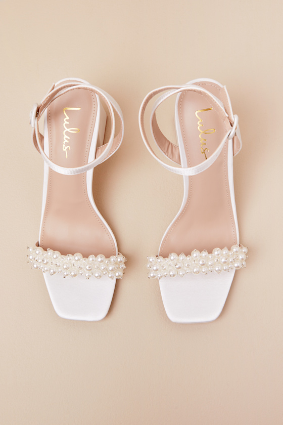Lulus Beatta White Satin Pearl Ankle Strap High Heel Sandals