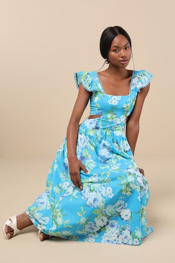 Lulus Prielle Bright Blue Floral Cutout Midi Dress