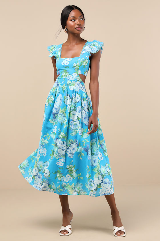 Prielle Bright Blue Floral Cutout Midi Dress 2