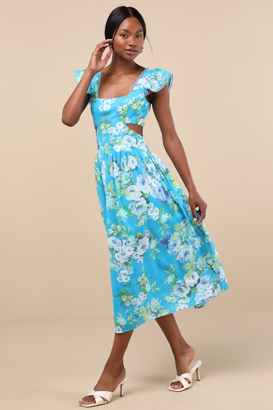 Shop Lulus Prielle Bright Blue Floral Cutout Midi Dress