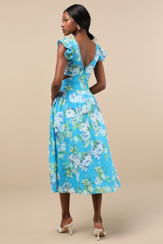 Shop Lulus Prielle Bright Blue Floral Cutout Midi Dress