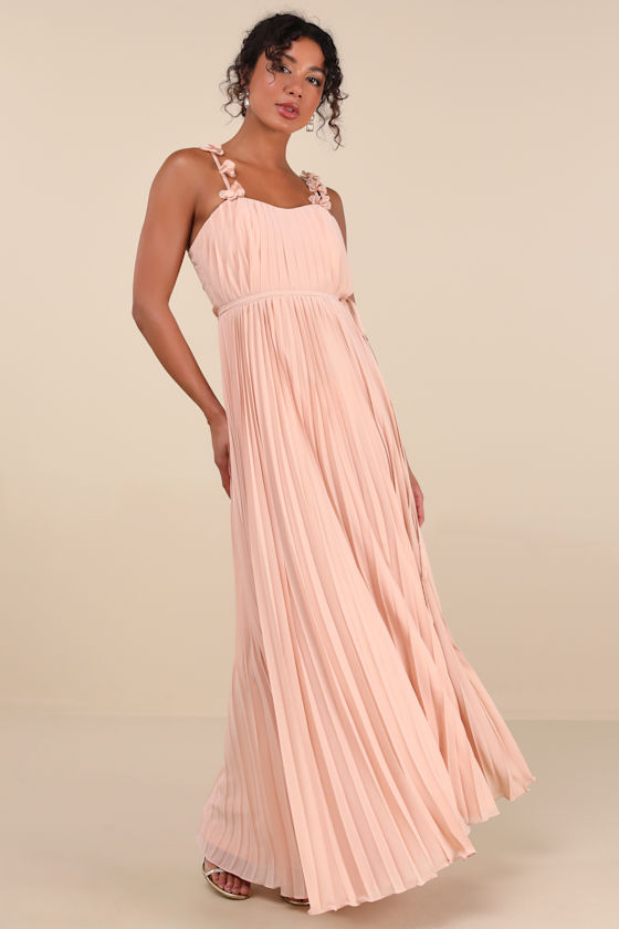Hera Blush Pleated Floral Applique Maxi Dress