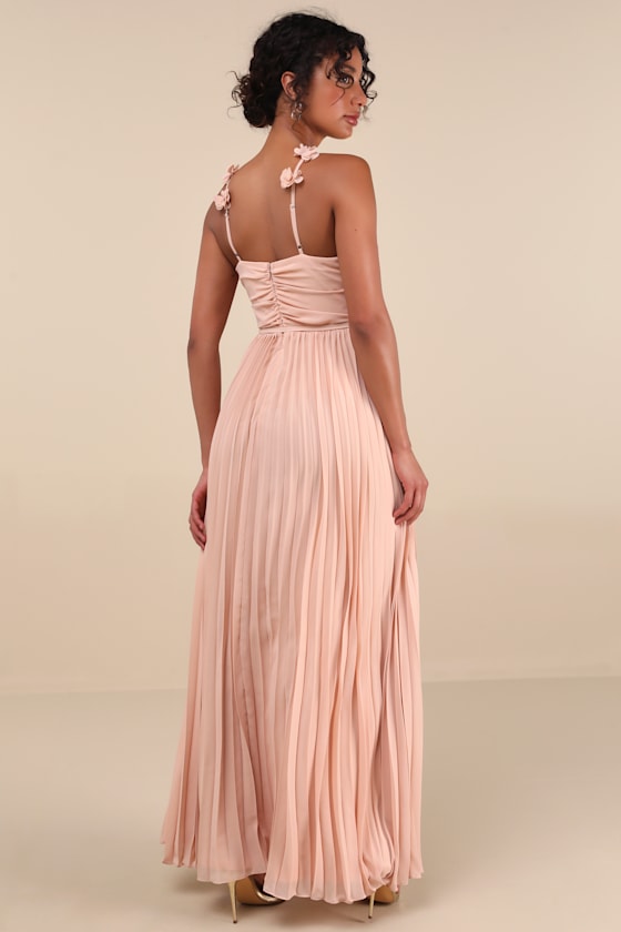 Lulus Hera Blush Pleated Floral Applique Maxi Dress In Multi