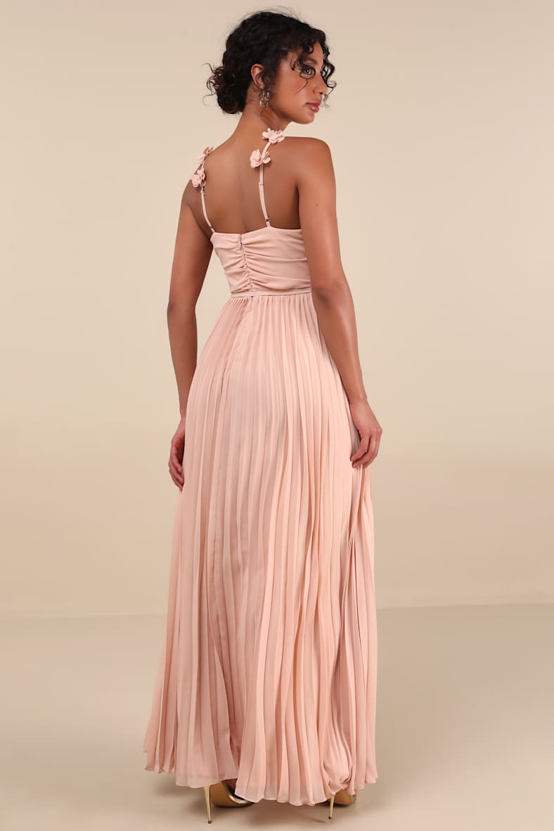 Hera Blush Pleated Floral Applique Maxi Dress